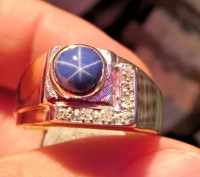 Men's Linde  Synthetic Blue Star Sapphire & Diamond Ring 14k  Gold Size  9-1/2 • $999.99