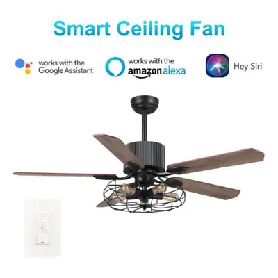 52  Smart Ceiling Fan + Remote Steampunk Light Cage Lamp Modern Loft Lodge Cabin • $349.99