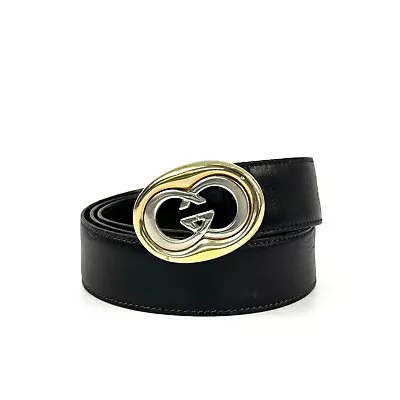 Vintage GUCCI Belt Logo Gold Buckle Size 80.32 Black Leather Authentic V81 • $99.99