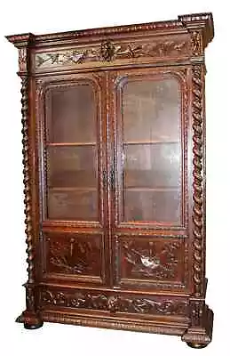 Antique Bookcase French Louis XIII Barley Twist Oak Relief Carved  1800's!! • $2875