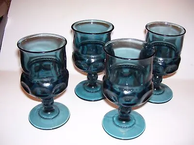 Vintage Smokey Blue Glass Thumbprint Pedestal Goblets - Set 4 • $25