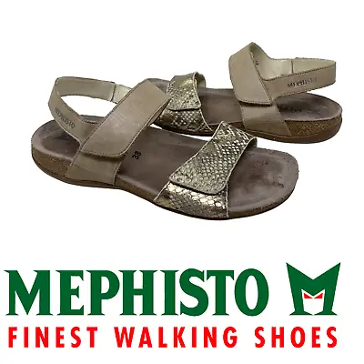 Mephisto Agave Sz 38 US 8 Double Strap Comfort Sandals Gold Snake Tan Leather • $26.49