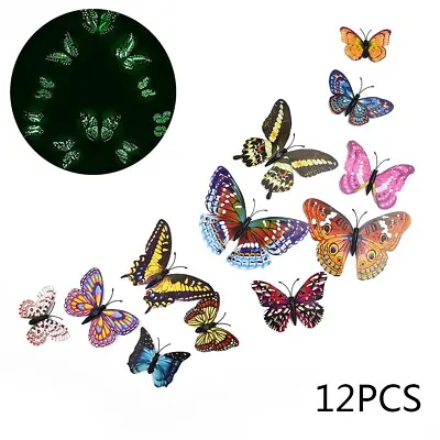 $14.02 • Buy 12Pcs 3D Luminous Butterfly Wall Stickers Double Layer Decals Home Art Decor