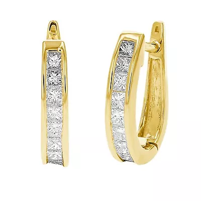 Channel Set Cz Gold 925 Sterling Silver Princess Cut Men Women Hoop Earrings • $12.99