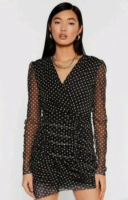 £4.49 • Buy Nasty Gal Black Mesh Long Sleeved Ruched Polka Dot Dress Size 6 