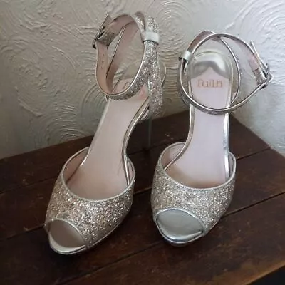 Faith Silver Glittery Strappy Sandals UK 6 EU 39 Evening Party • £24.99