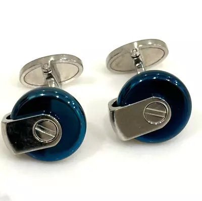 Links Of London Unisex Sterling Silver T-Bar Blue Round Screw Design Cufflinks • £16.06