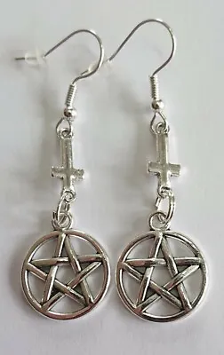 Pentagram & Inverted Cross Earrings Upside Down Cross Dangle  Earrings  • £5.99