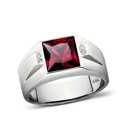 0.08ct Natural Diamond Ring For Men Solid 14K White Gold Red Ruby Ring • $899