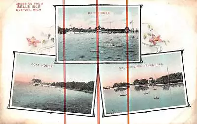 BELLE ISLE DETROIT Michigan Postcard 3 Views Of Island Bath Boat House 1909 • $6.99