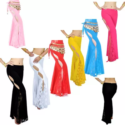 Womens Bell-Bottom Side Slit Trousers Belly Dance Pants Training Dancewear Club • £19.19