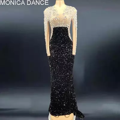 £186.53 • Buy Sexy Flashing Black Sequins Rhinestones Dress Celebrate Outfit Bar Evening Dress
