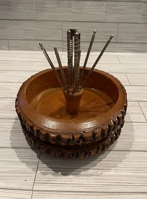 $40 • Buy Vintage Wooden Bark Nut Cracker Set Bowl W/ Nutcracker & 6 Picks Rustic