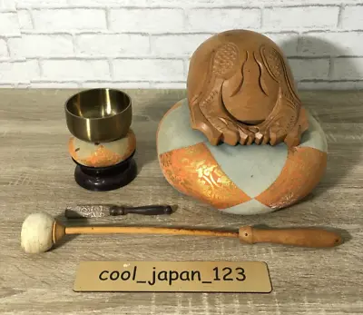 Buddhist Singing Bowl Bell ORIN 3.5 +Wooden Fish Drum MOKUGYO 6  Width Vintage • $125