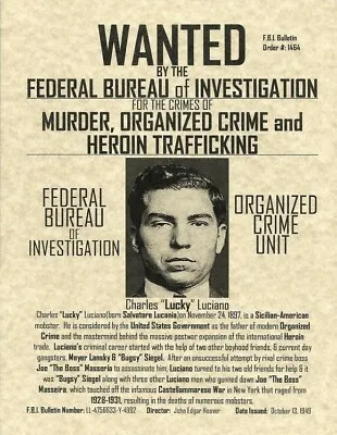 Lucky Luciano 8x10 Photo Mafia Organized Crime Mobster Mob Picture Wanted Poster • $5.99