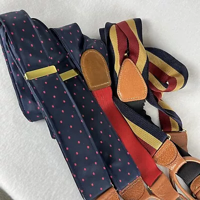 Lot Of 2 VTG Silk Leather Suspenders Braces Blue Polka Dot Red Gold Blue Stripe • $25