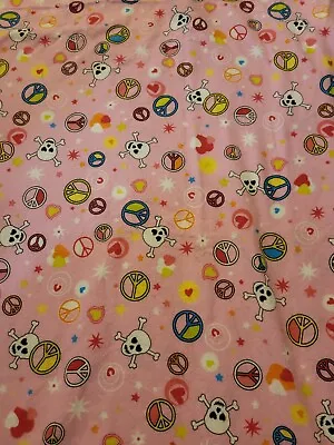 Skulls And Peace Signs On Pink Novelty Print Fabric Material 44x35  Flannel • $9.65