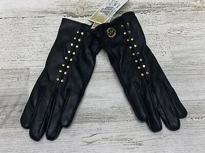 Michael Kors Black Leather Astor Gold Studded Gloves With Touch Tips Small • $48.99