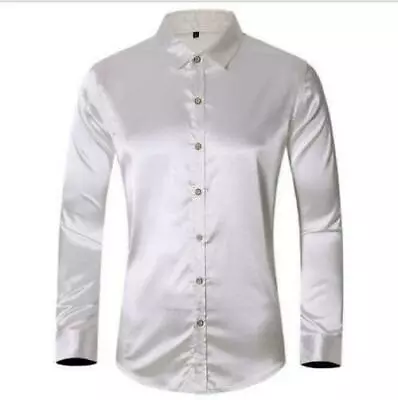 Men Long Sleeve Imitation Silk Satin Glossy Shirt Button Front Solid Dress Shirt • £33.59