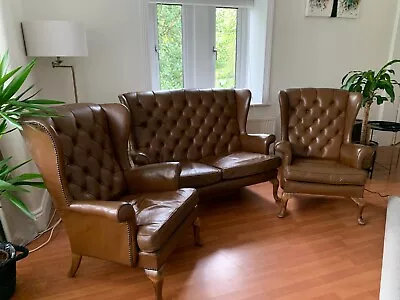Vintage Parker Knoll Button Wing Back Sofa And 2 Chairs Leather 3 Piece Suite  • £100