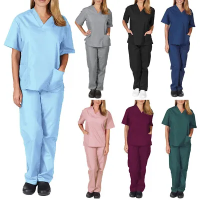£15.35 • Buy Women Men Scrub Uniform Top Pants Set Medical Hospital Nursing Scrubs V-Neck