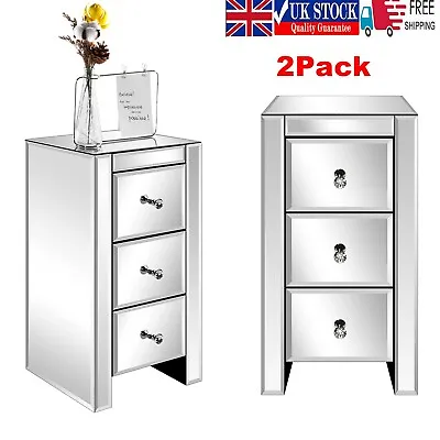 2Pcs Mirrored Glass Bedside Table Bedroom Cabinet W/ 3 Drawers & Crystal Handles • £196.74