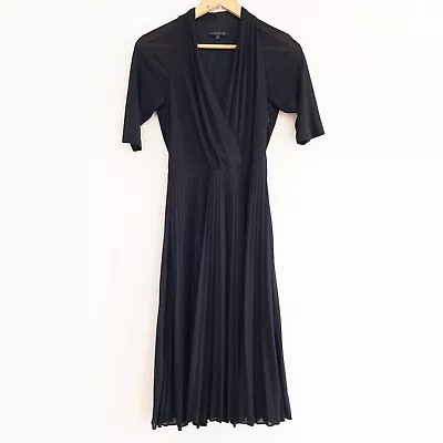 David Meister Black V Neck Sheer Sleeve Pleated Midi Dress Size 2 • $30