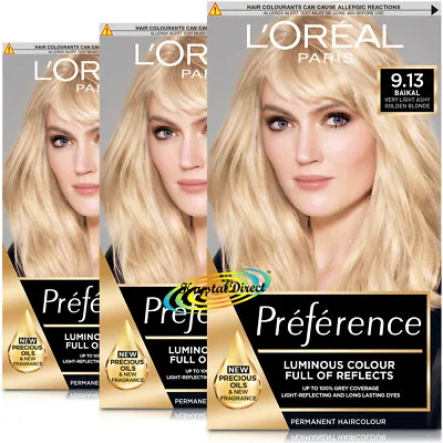 3x Loreal Preference BAIKAL 9.13 Very Light Ashy Golden Blonde Hair Colour Dye • £35.99