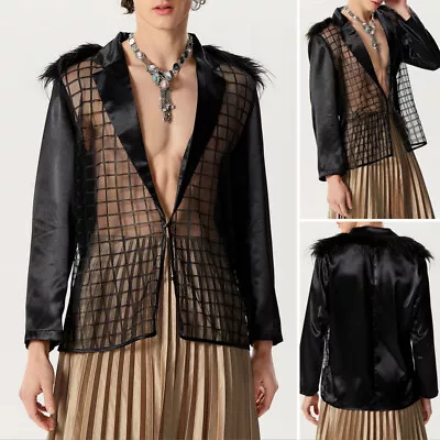 Mens Long Sleeve Feathers Plaid Stitching Sheer Blazer Party Club Coat Jacket • $23.74