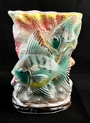 Vase Mid-century Opalescent With Fish Colorful & Vintage • $38