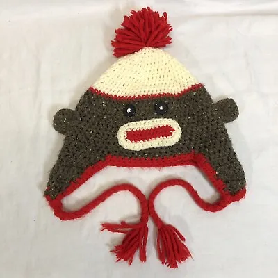 £14.59 • Buy Sock Monkey Knit Hat Beanie Ear Flap Tassels Handmade One Size Fits Most