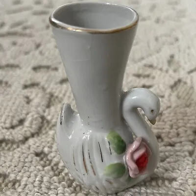 Mid-Century Modern Miniature Bud Vase - Swan With Rose Stamped Japan 3.25” • $12