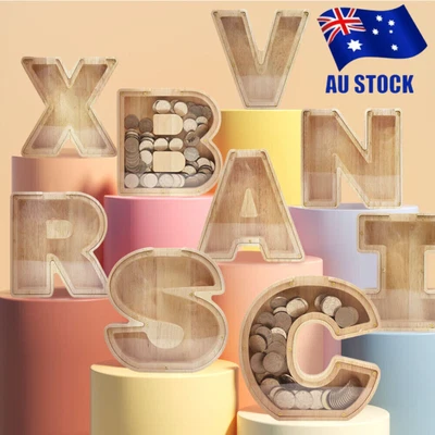 Wooden Piggy Bank Funny Letter/Guitar Coin Saving Money Box Kids Adults Gift AU • $16.37