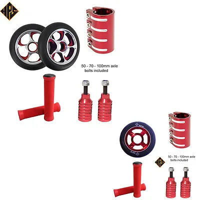 RED SET STUNT SCOOTER WHEELS 100mm ABEC 11 BEARINGS QUAD CLAMP PEGS & GRIPS 110 • £49.99