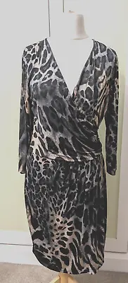 Ilse Jacobsen Twist Front V-Neck Print Stretch Dress Size L • £17.50