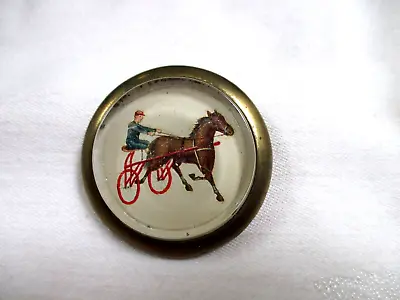 Vintage Domed Glass Brass Horse Bridle Rosette Pin Brooch Horse Sulky & Driver • $39.95