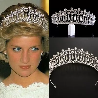 $16.99 • Buy Vintage Silver Plated Queen Princess Diana Crown Crystal Pearl  Bride Tiara 