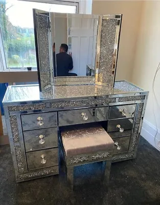 Luxury Diamond Crushed Dressing Table With Stool & Tri Fold Mirror - Bedroom • £599