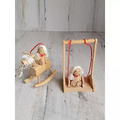 Vintage Mini Girl Swing Rocking Horse Ornament Xmas Figure Set Wooden • $14.18