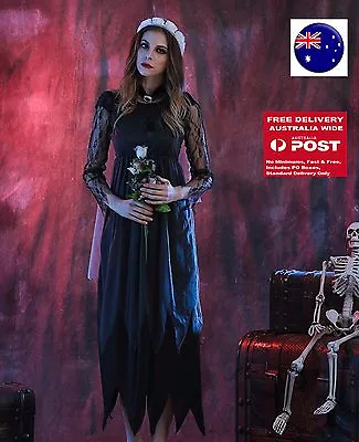 Women Fancy Halloween Vampire Black Corpse Bride Lace Long Dress Costume  • $28.96