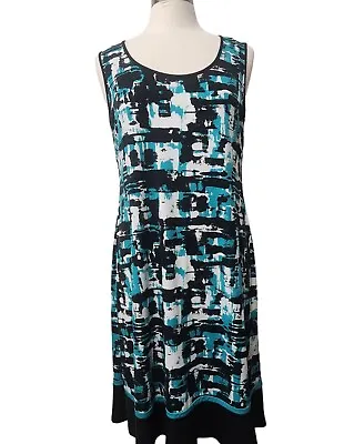 Studio 1 Petite 16P Turquoise Black  Sleeveless Dress Contrast Trim Hem Stretchy • £13.88