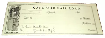 1860's CAPE COD RAILROAD PRE-NEW HAVEN UNUSED COMPANY CHECK • $75