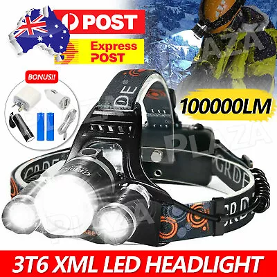 2024 Rechargeable Headlamp 100000lm 3t6 Xml Led Headlight Head Torch Flashlight • $16.95