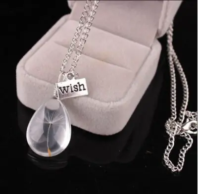 Dandelion Seed MAKE A WISH Pear Necklace Silver Chain Gift Pendant Resin • $11.99