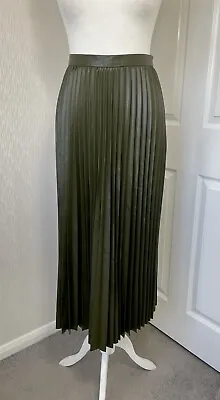 M&S Collection Dark Khaki Green Faux Leather Pleated Skirt Size 10 BNWT • £30