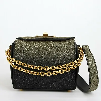 $899.56 • Buy $2090 Alexander McQueen Gold Black Glitter Leather Box 16 Chain Bag 479767 1070