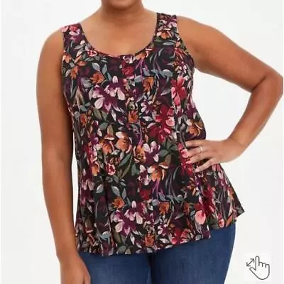 Torrid Fit And Flare Rayon Floral Slub Tank Top Black Purple Red Size 1X • $25