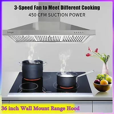36 Inch Wall Mount Range Hood Kitchen Vent 450CFM Stainless Steel 3-Speed Button • $155.99