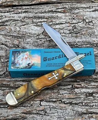 GERMAN CREEK*j GUARDIAN ANGEL SWINGUARD CHEETAH TIGER EYE SYNTHETIC KNIFE KNIVES • $26