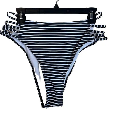 Marina Vida NWOT Women's Bikini Bottom Size XL Black White Stripe Strappy Sides • $11.98